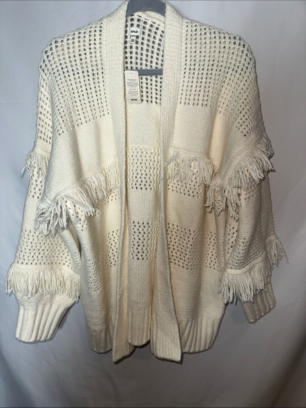 aerie Cream Open-Weave Fringe Cardigan